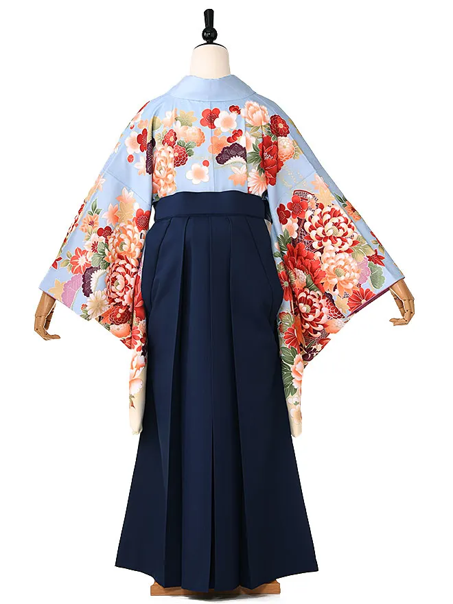 小学生卒業式かんたん袴(女の子) 水色地古典華づくし ﾈｲﾋﾞｰ牡丹 024