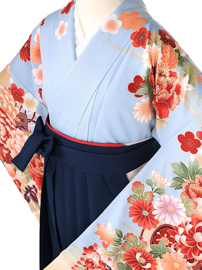 小学生卒業式かんたん袴(女の子) 水色地古典華づくし ﾈｲﾋﾞｰ牡丹 024