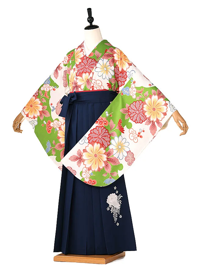 小学生卒業式かんたん袴(女の子) 緑古典華づくし ﾈｲﾋﾞｰ牡丹 025