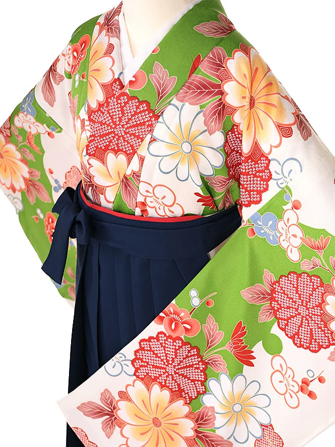 小学生卒業式かんたん袴(女の子) 緑古典華づくし ﾈｲﾋﾞｰ牡丹 025