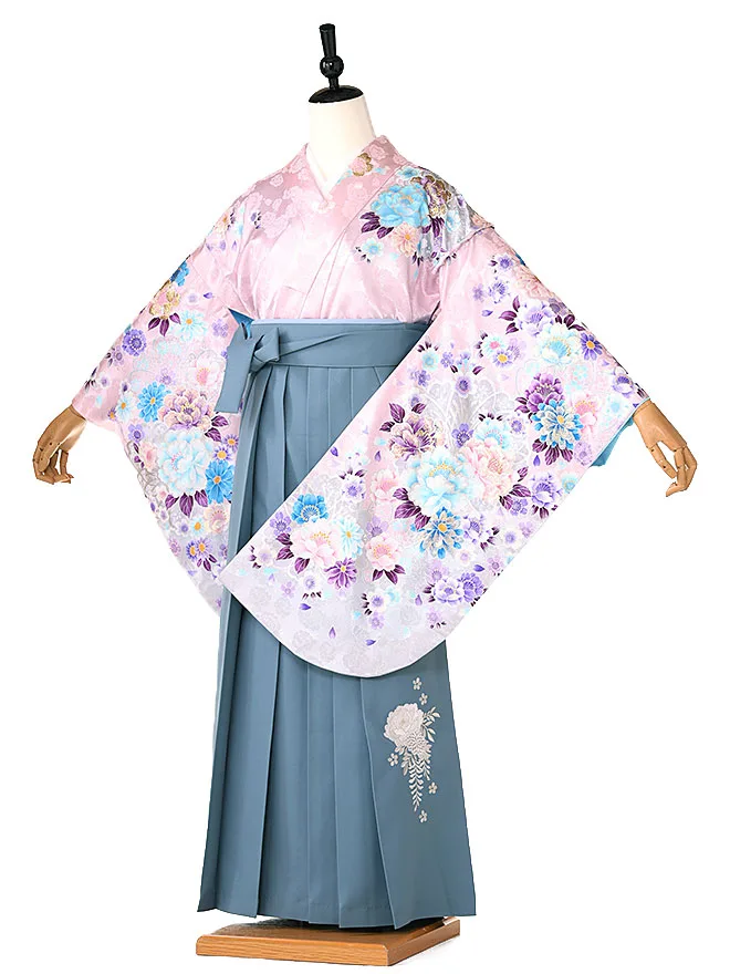 小学生卒業式かんたん袴(女の子) ピンク地牡丹 グレー牡丹 026