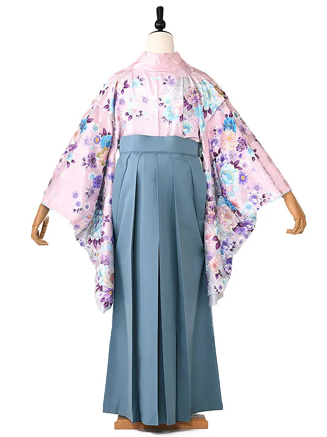 小学生卒業式かんたん袴(女の子) ピンク地牡丹 グレー牡丹 026