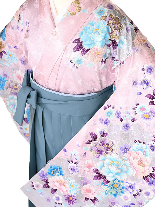 小学生卒業式かんたん袴(女の子) ピンク地牡丹 グレー牡丹 026