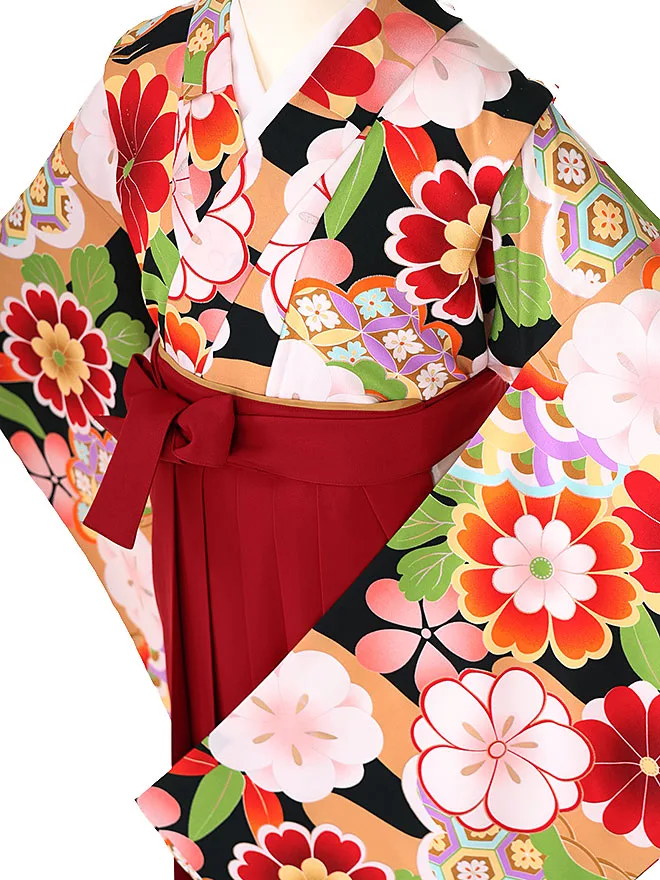 小学生 卒業式 かんたん袴(女の子) 黒 桜牡丹 033