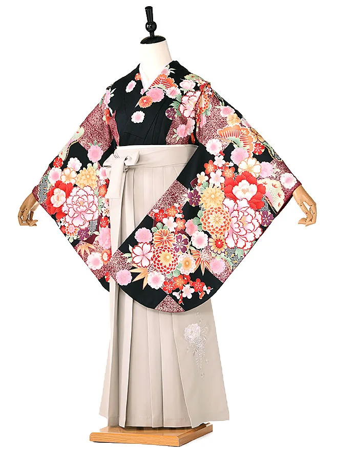 小学生 卒業式 かんたん袴(女の子) 黒 桜牡丹 034