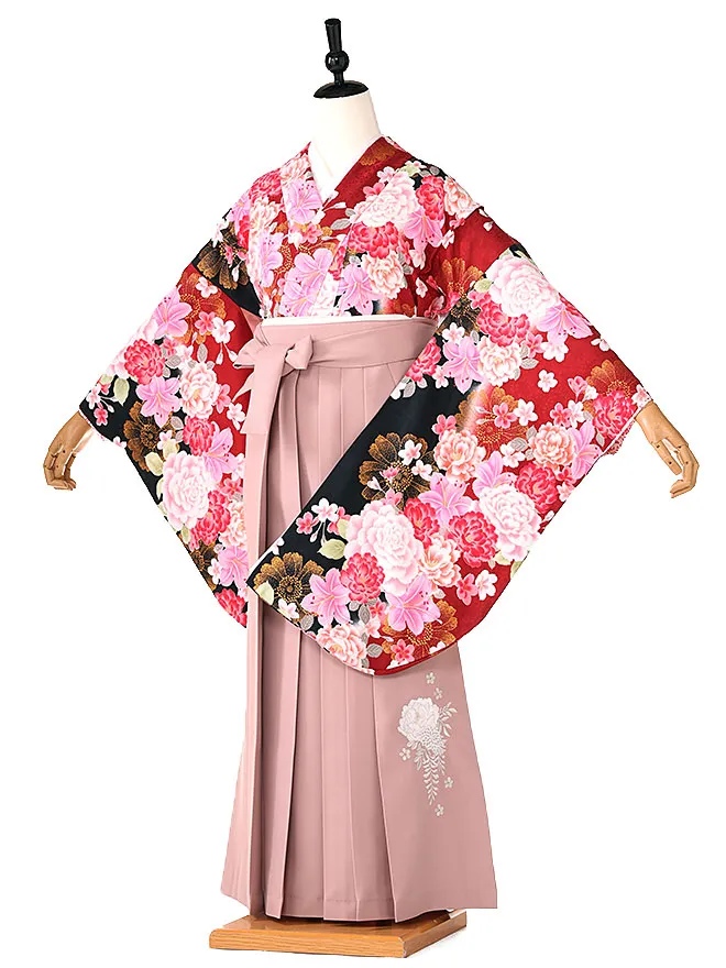 小学生 卒業式 かんたん袴(女の子) 赤 百合牡丹 036
