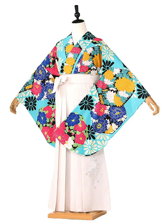 小学生 卒業式 かんたん袴(女の子)青緑 椿牡丹 043