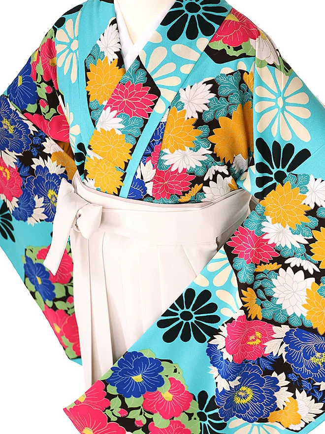 小学生 卒業式 かんたん袴(女の子)青緑 椿牡丹 043