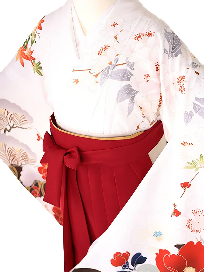 小学生卒業式かんたん袴(女の子) 白地 古典椿 044