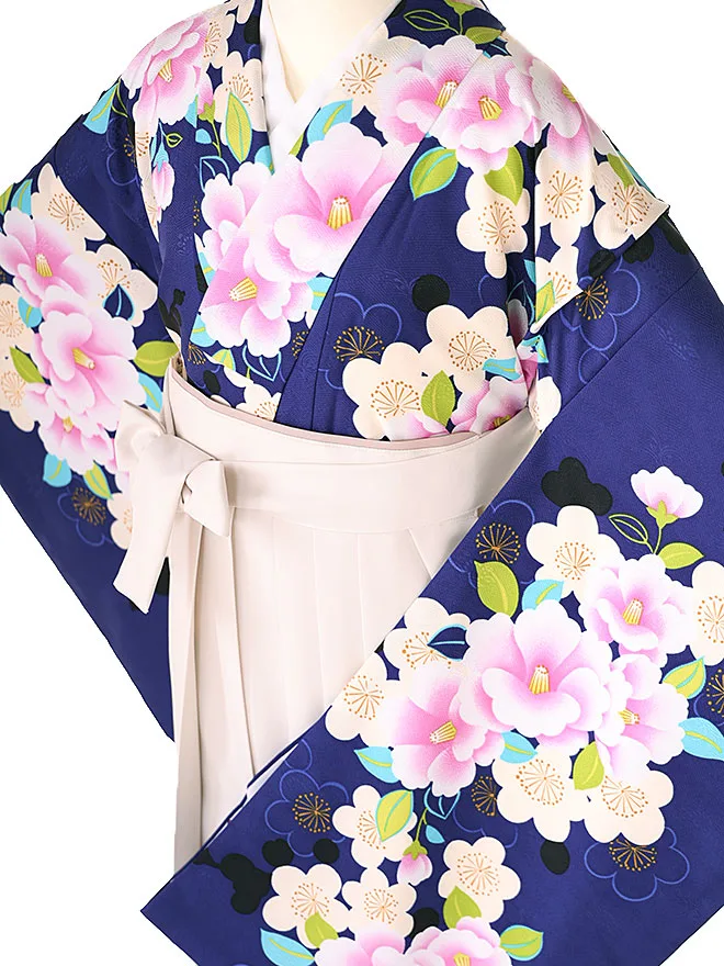 小学生卒業式かんたん袴(女の子) 青地 椿桜 045