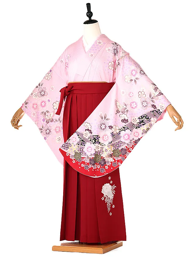 小学生卒業式かんたん袴(女の子) ピンク地桜蝶 エンジ牡丹 047