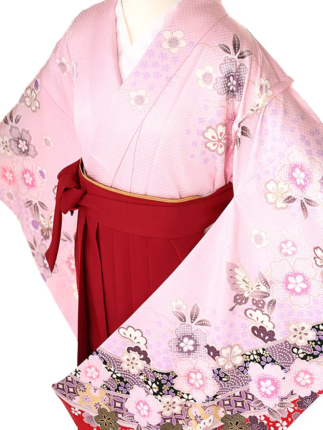 小学生卒業式かんたん袴(女の子) ピンク地桜蝶 エンジ牡丹 047