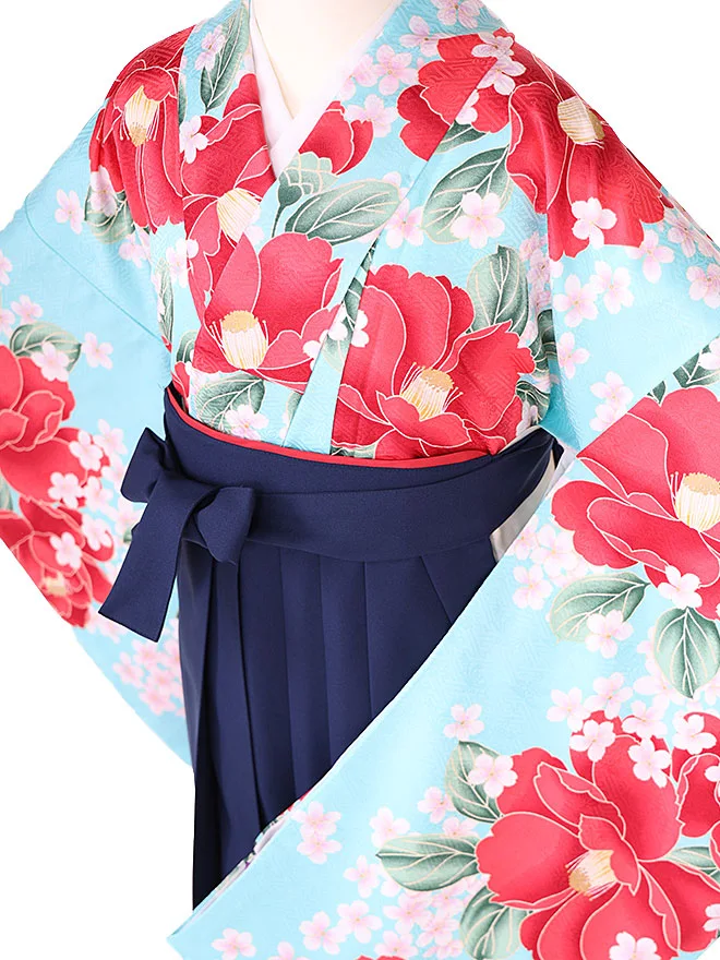小学生卒業式かんたん袴(女の子) 水色 椿桜 048