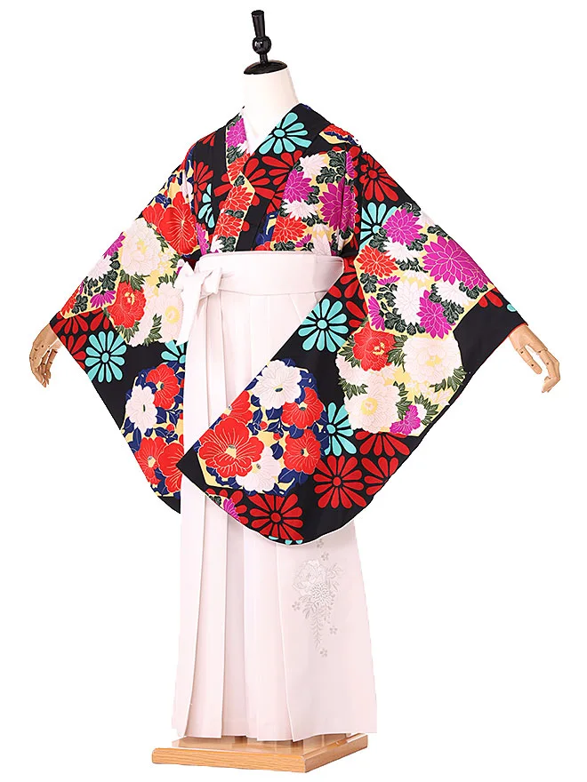 小学生卒業式かんたん袴(女の子) 黒 椿牡丹菊 049