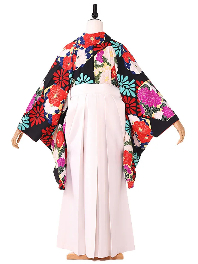 小学生卒業式かんたん袴(女の子) 黒 椿牡丹菊 049