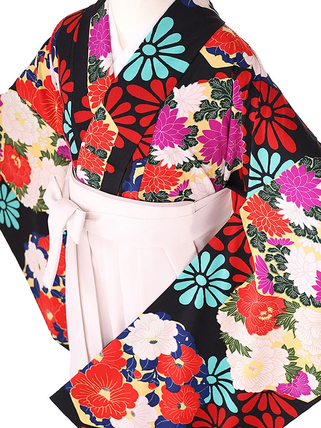 小学生卒業式かんたん袴(女の子) 黒 椿牡丹菊 049