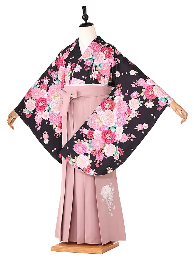 小学生卒業式かんたん袴(女の子) 黒地 牡丹桜 053