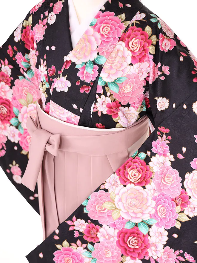 小学生卒業式かんたん袴(女の子) 黒地 牡丹桜 053