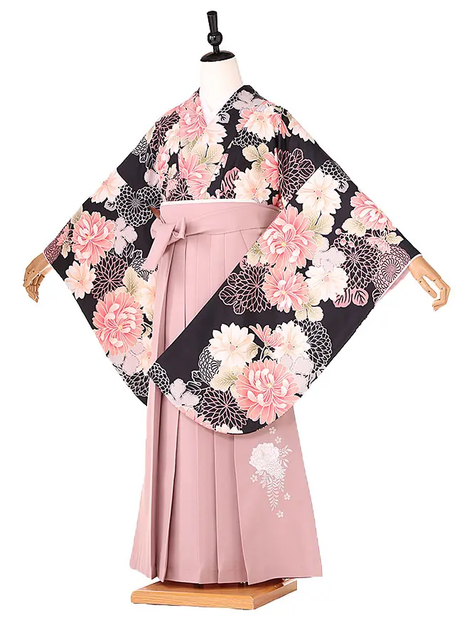 小学生卒業式かんたん袴(女の子) 黒地 乱菊 054