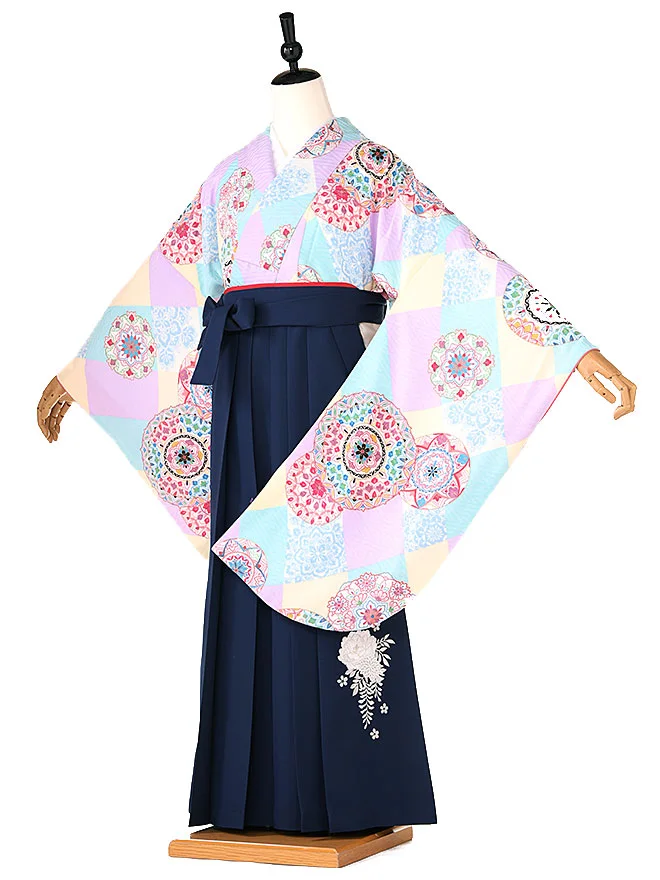 小学生卒業式かんたん袴(女の子) ﾍﾞｰｼﾞｭ×水色 華文 058