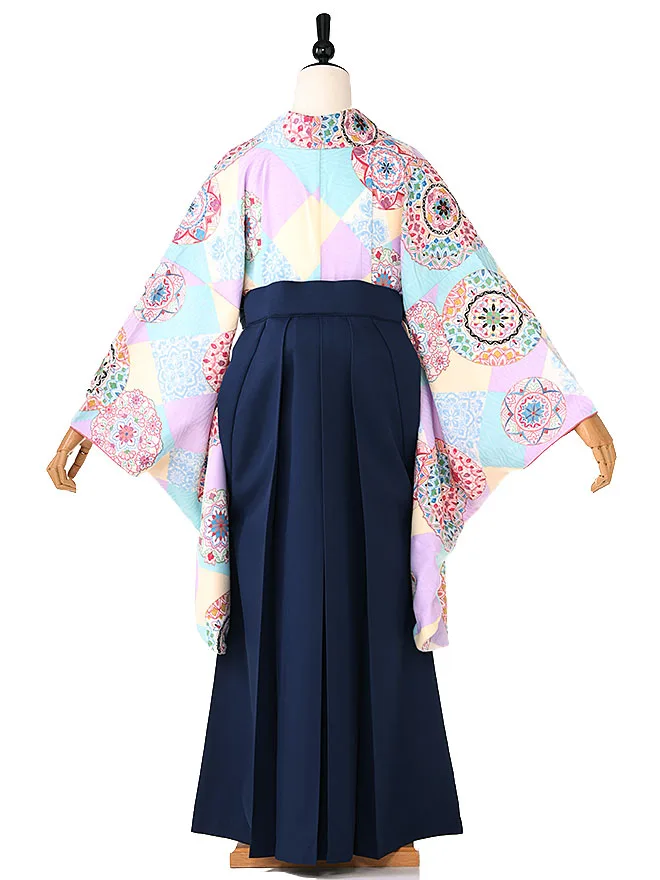 小学生卒業式かんたん袴(女の子) ﾍﾞｰｼﾞｭ×水色 華文 058