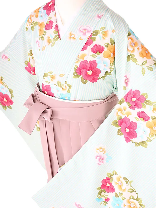 小学生卒業式かんたん袴(女の子) 水色 ｽﾄﾗｲﾌﾟ 椿 060