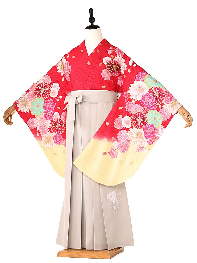 小学生卒業式かんたん袴(女の子) 赤 菊牡丹 063