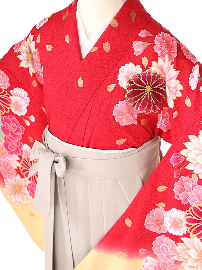 小学生卒業式かんたん袴(女の子) 赤 菊牡丹 063