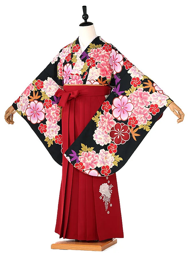 小学生卒業式かんたん袴(女の子) 黒 牡丹ねじり梅 064