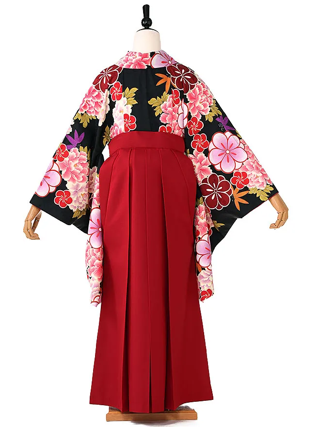 小学生卒業式かんたん袴(女の子) 黒 牡丹ねじり梅 064