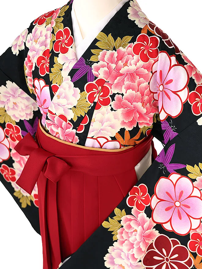 小学生卒業式かんたん袴(女の子) 黒 牡丹ねじり梅 064