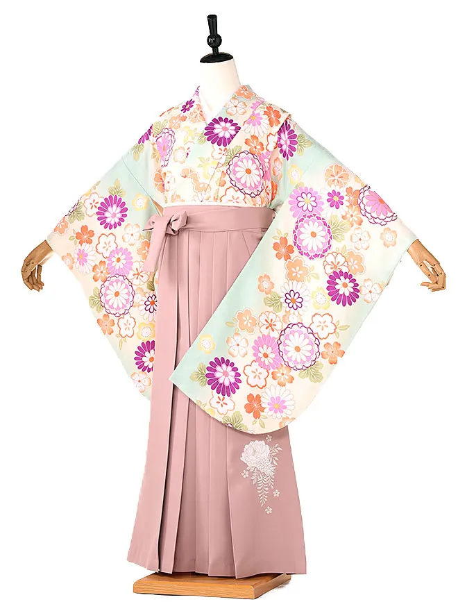 小学生卒業式かんたん袴(女の子) ﾐﾝﾄｸﾞﾘｰﾝ 菊桜 069