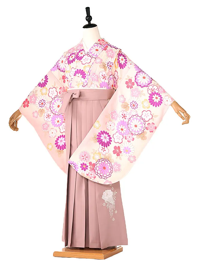 小学生卒業式かんたん袴(女の子) ﾍﾞｰｼﾞｭ 菊桜 071