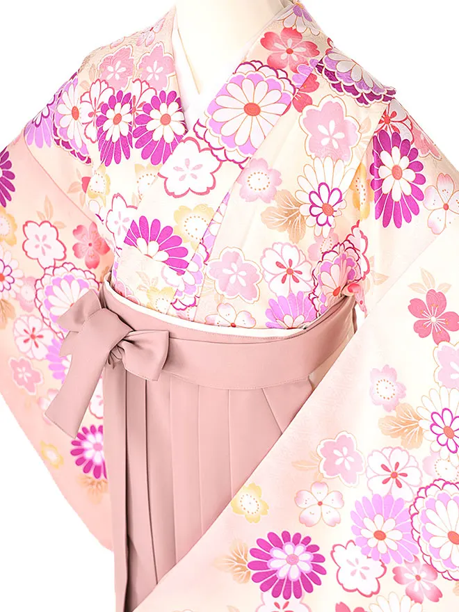 小学生卒業式かんたん袴(女の子) ﾍﾞｰｼﾞｭ 菊桜 071