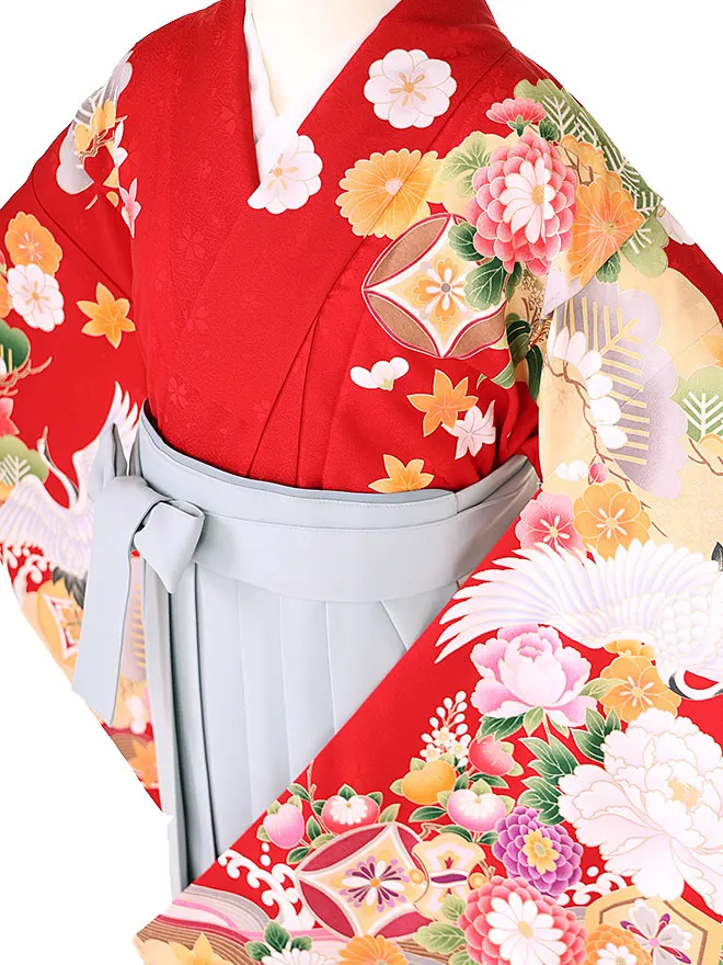 小学生卒業式かんたん袴(女の子)赤 鶴華絢爛  073