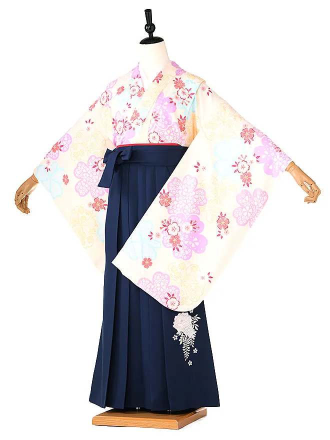 小学生卒業式かんたん袴(女の子)クリーム色 桜花々  074