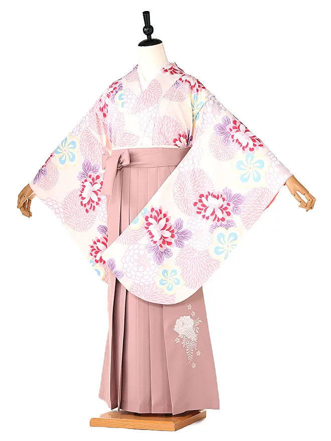 小学生卒業式かんたん袴(女の子)クリーム色 菊牡丹  076