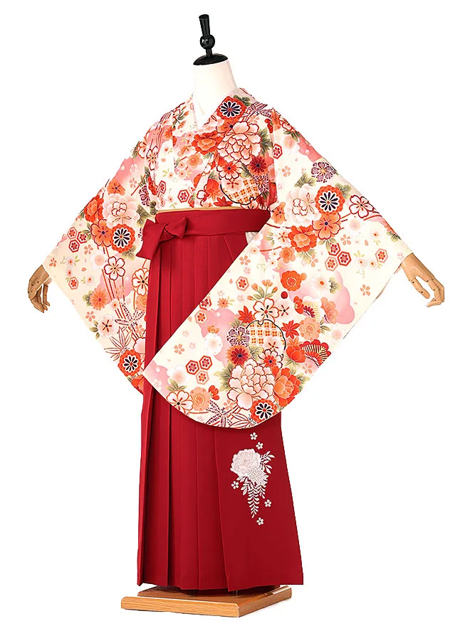 小学生卒業式かんたん袴(女の子)ｸﾘｰﾑ色 牡丹菊  078