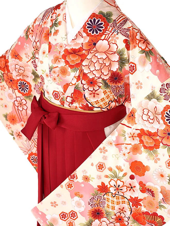 小学生卒業式かんたん袴(女の子)ｸﾘｰﾑ色 牡丹菊  078