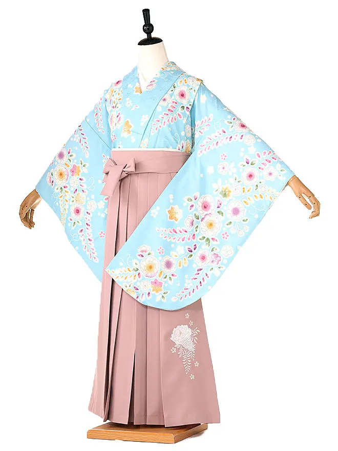 小学生卒業式かんたん袴(女の子)水色 辻が花  080