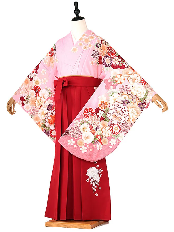 小学生卒業式かんたん袴(女の子)ピンク 牡丹菊桜  081