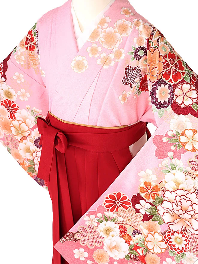 小学生卒業式かんたん袴(女の子)ピンク 牡丹菊桜  081