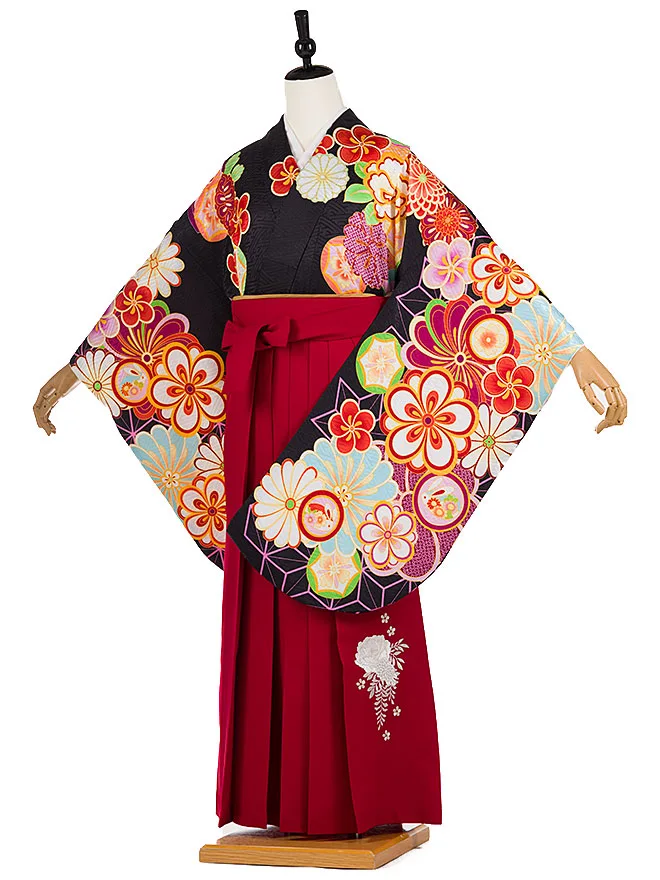 小学生卒業式かんたん袴(女の子)黒 ねじり梅乱舞 082