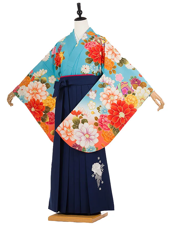 小学生卒業式かんたん袴(女の子)青緑 牡丹鞠 083