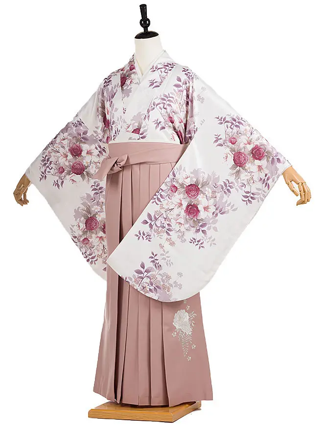 小学生卒業式かんたん袴(女の子)白 洋柄 084