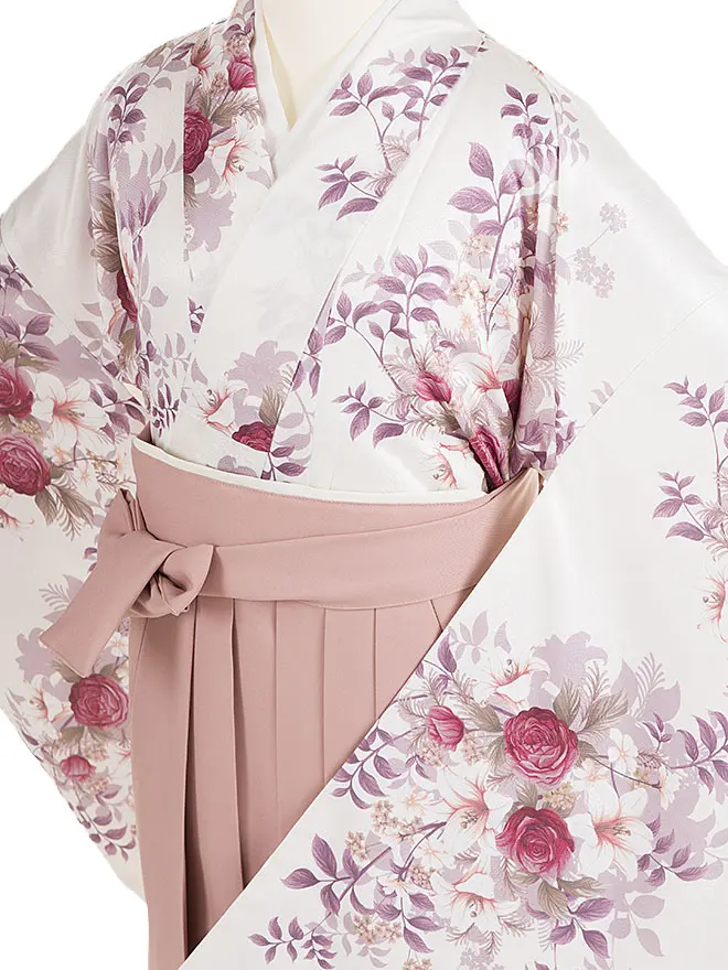 小学生卒業式かんたん袴(女の子)白 洋柄 084