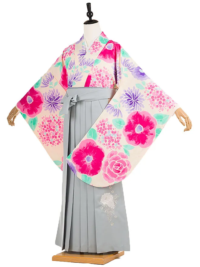 小学生卒業式かんたん袴(女の子)ｸﾘｰﾑ色 椿牡丹 086