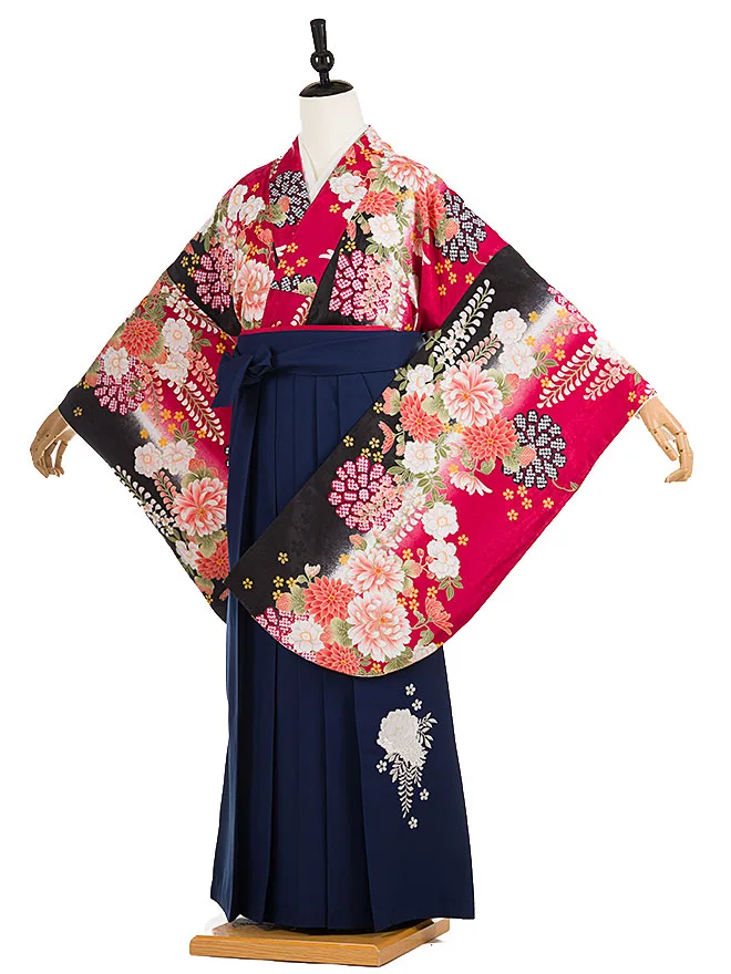 小学生卒業式かんたん袴(女の子)赤黒 古典藤 088