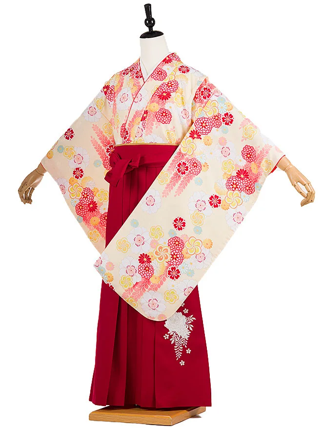 小学生卒業式かんたん袴(女の子)黄色 ねじり梅菊 089