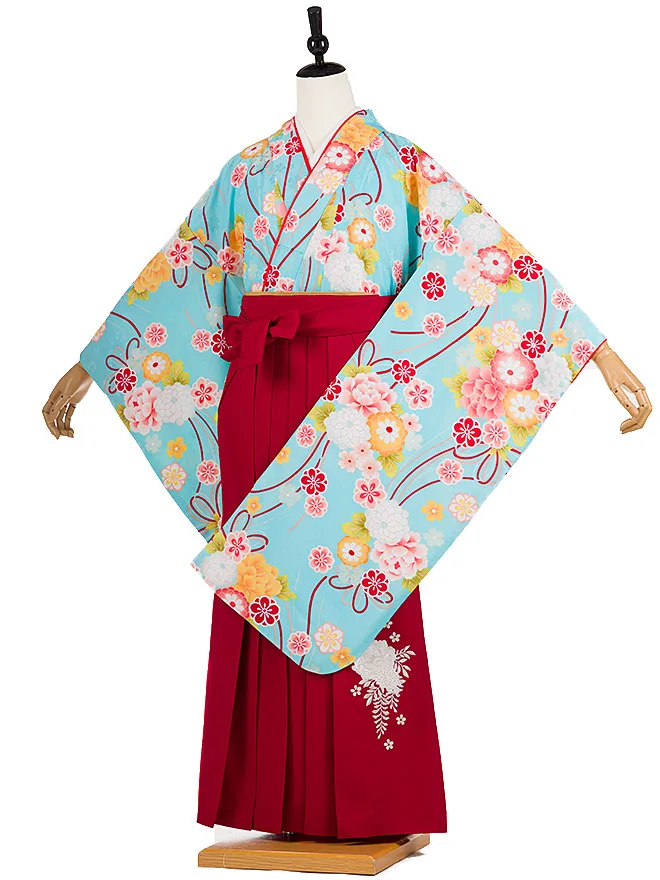 小学生卒業式かんたん袴(女の子)水色 桜牡丹菊 091